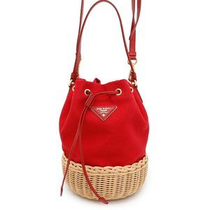 Prada Handbag Drawstring Bucket Bag Canvas Raffia 1BH115 PRADA 2-way